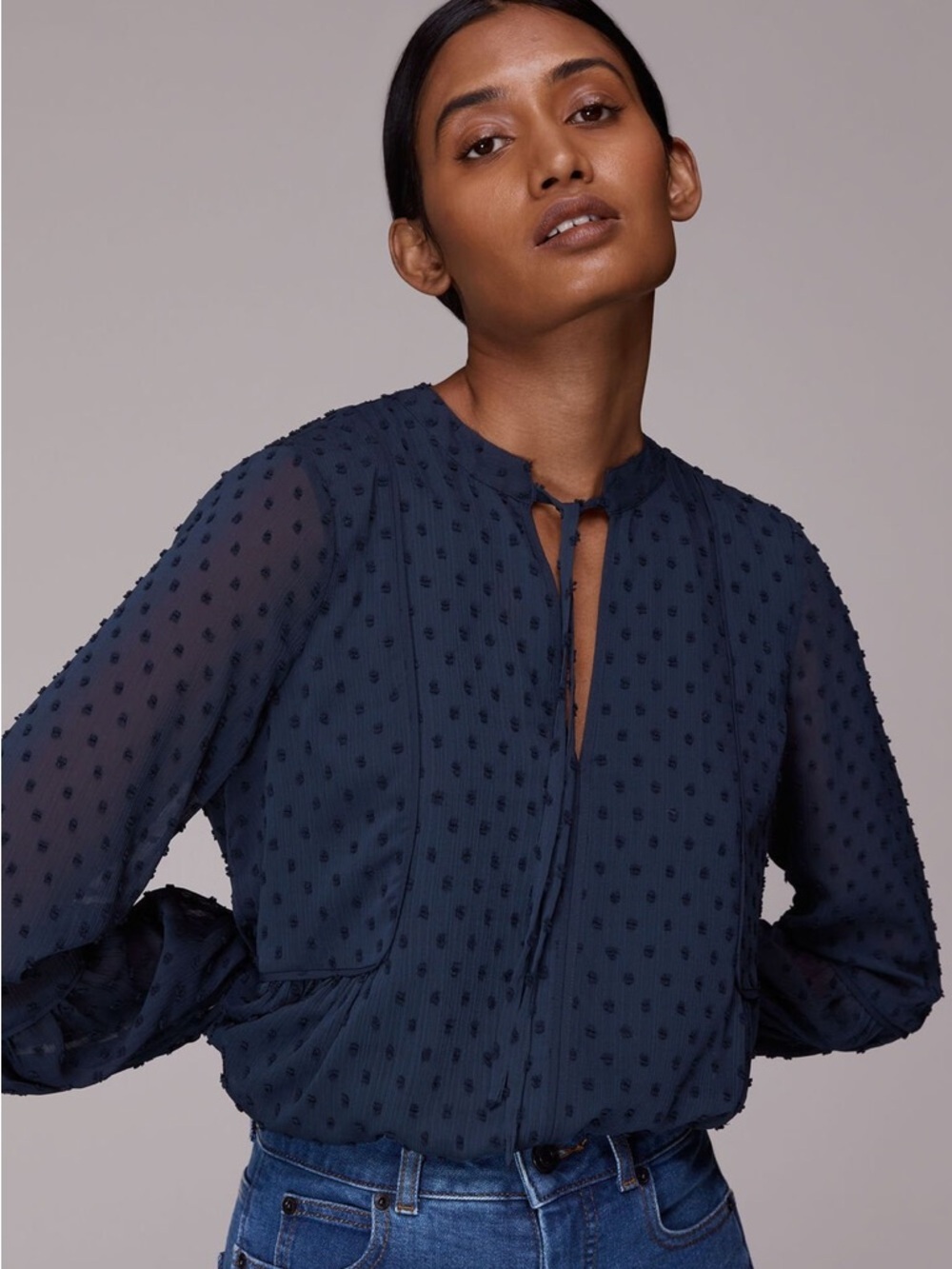 Whistles Verity Dobby Blouse Navy Blue Swiss Dot Tunic size 8